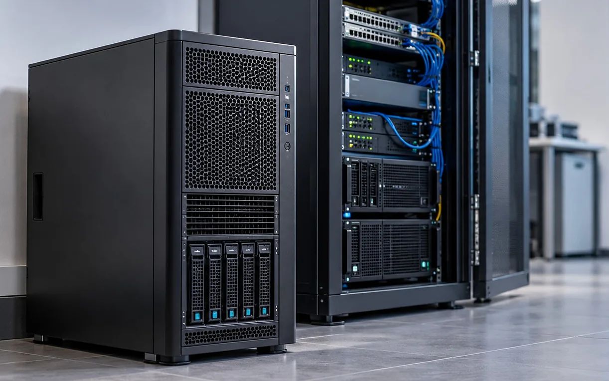 Server tower e armadio rack con apparati di rete in un ufficio